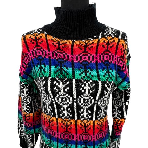 Vintage Ricki Black Knitted Fair Isle Nordic Mock Neck Sweater Small - Picture 2 of 6